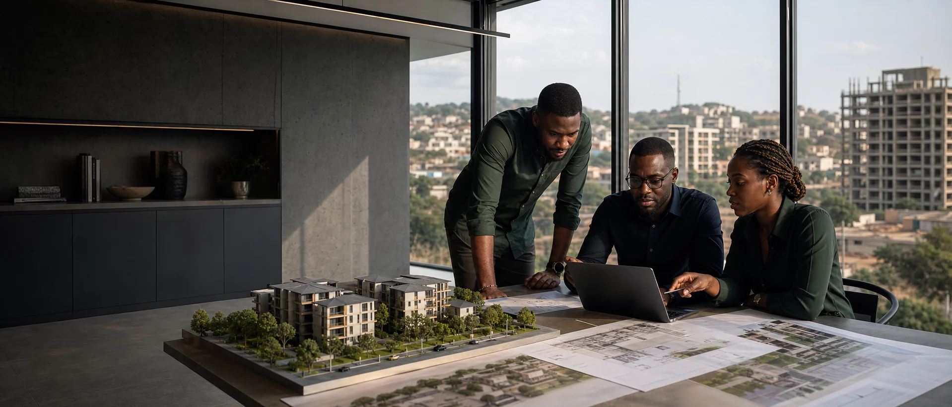 Nigerian property leaders reviewing development plans and a scale model in Abuja.